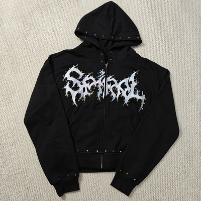 खरीदें Custom Distressed Embroidery Boxy Cropped Zipper Streetwear 400 gsm 600gsm Men Zip up Heavyweight Rhinestone Hoodie online manufacture