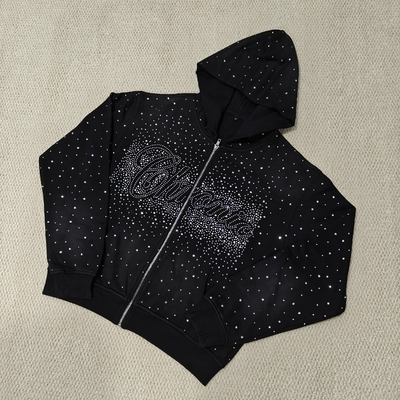 खरीदें Custom Bulk Luxury Shining Gemstone Oversized Rhinestone Zip up Hoodie Acid Wash Vintage Streetwear Zipped Hoodie for Men online manufacture