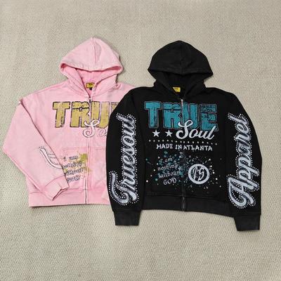 खरीदें Custom DTG Screen Printing Boxy Heavyweight Zipper Jackets Cotton Distressed Rhinestone Zip up Men Hoodie online manufacture