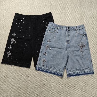 खरीदें Clothing Manufacturers Custom Streetwear Rhinestone Vintage Black Jeans Shorts Rhinestone Denim Shorts Jorts for Men online manufacture