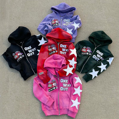 एसिड वॉश फ्रेंच टेरी हुडी कस्टम स्ट्रीटवियर बॉक्स कट डिस्टर्स्टेड विंटेज कढ़ाई पैच ज़िप अप हुडी